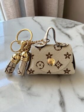 Cream Mini Designer-Inspired Purse Keychain with Tassels Monogram Cream & Brown